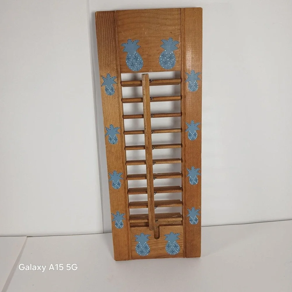 Artist Painted Wood Window Shutter Blind Vtg USA Wall Mount Panel Pineapple Blue